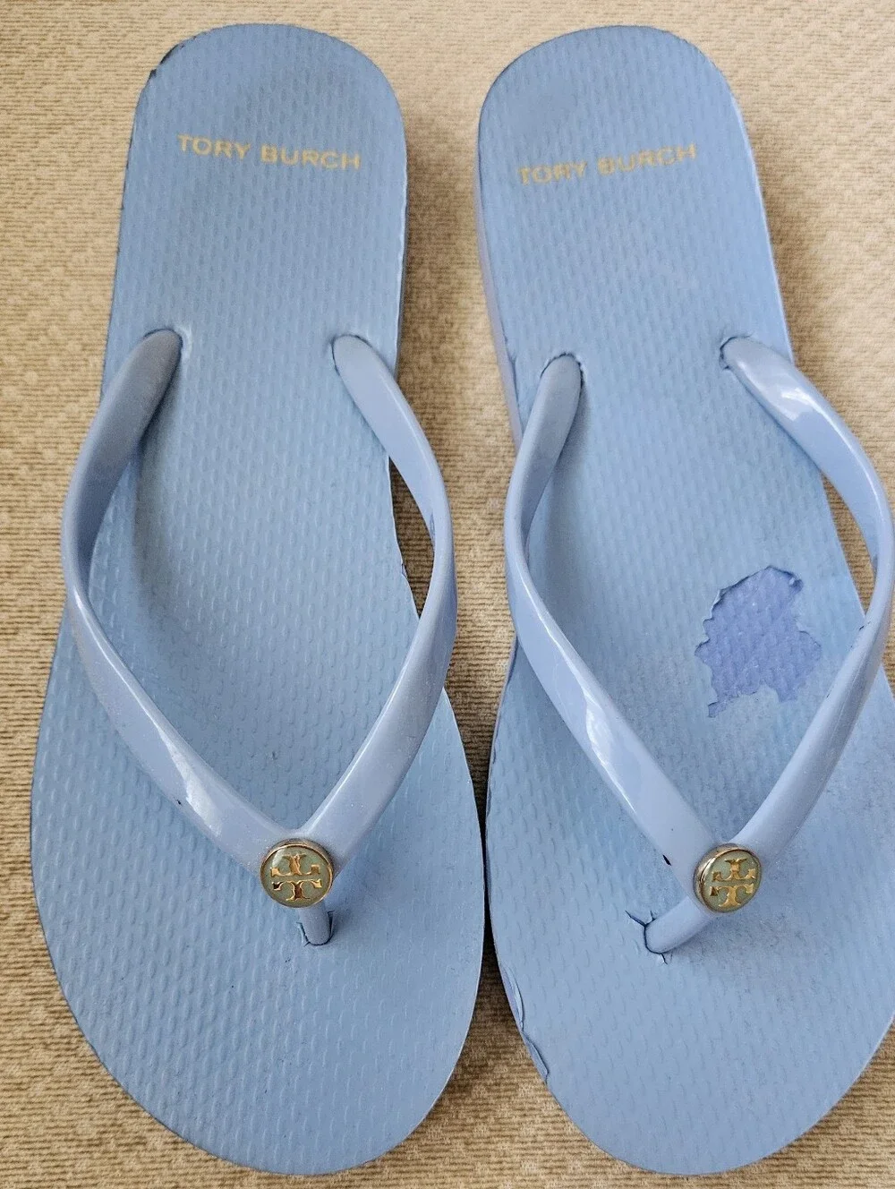 Tory Burch Sky Blue Patent  Flip Flops with Gold Logo